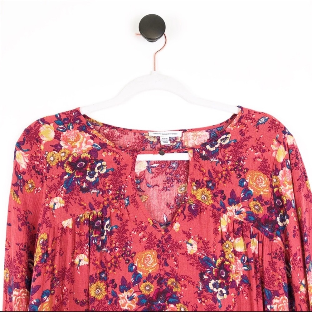 American Eagle Keyhole Peplum Floral Blouse Red M - Picture 2 of 6